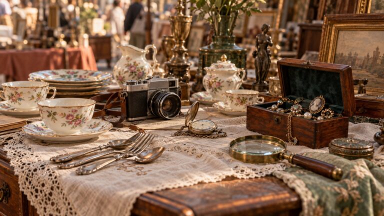 Antikmarkt-Tisch mit Porzellantassen, alter Kamera, Taschenuhr, Silberbesteck, Schmuckkästchen und Lupe