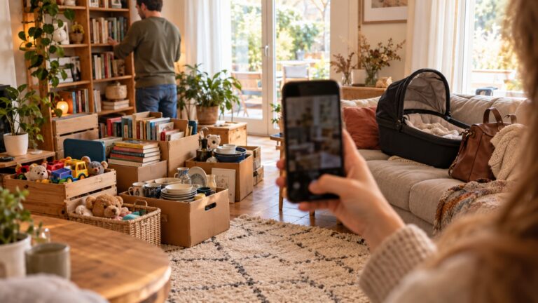 Wohnzimmer beim Ausmisten mit Kisten voller Bücher, Spielzeug und Geschirr, eine Hand fotografiert mit dem Handy