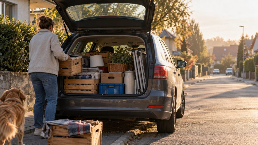 Frau packt Kisten und Klapptisch in den Kofferraum eines Kombis für den Flohmarkt