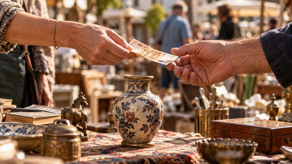 Ein Geldschein wird über einen Flohmarkttisch mit einer bemalten Vase gereicht