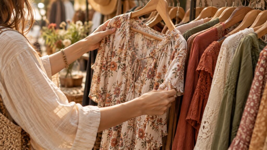 Frauenhände nehmen eine geblümte Bluse von einer Kleiderstange