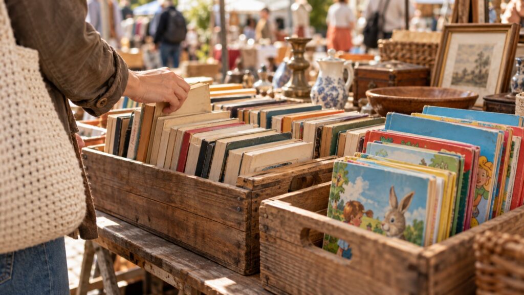 Hand blättert in einer Holzkiste mit Büchern auf dem Flohmarkt, daneben Kinderbücher