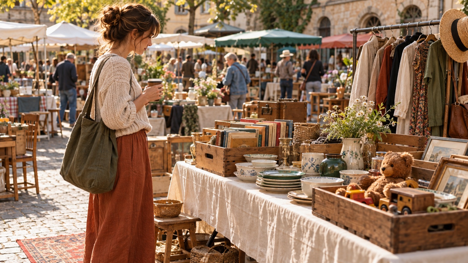 Frau mit Kaffeebecher steht vor einem Flohmarktstand mit Büchern, Geschirr und Kleiderstange