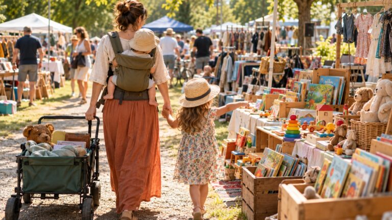 Mama mit Kleinkind in der Trage, Kind an der Hand und Bollerwagen schlendert über einen sonnigen Flohmarkt