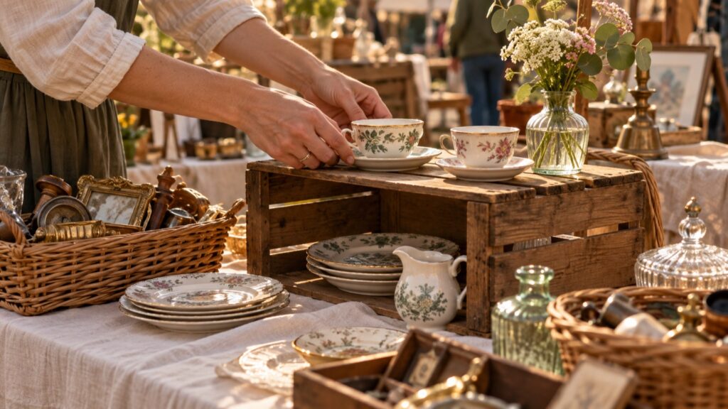 Hände stellen Porzellantassen auf eine umgedrehte Holzkiste auf dem Flohmarkttisch