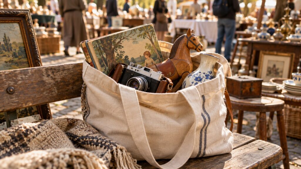 Stofftasche mit Flohmarkt-Fundstücken: Bilderbuch, Holzpferd, Kamera und Vase auf einer Bank