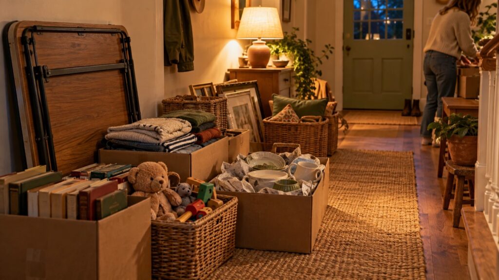 Gepackte Kisten mit Büchern, Spielzeug, Kleidung und Geschirr im Flur am Abend vor dem Flohmarkt