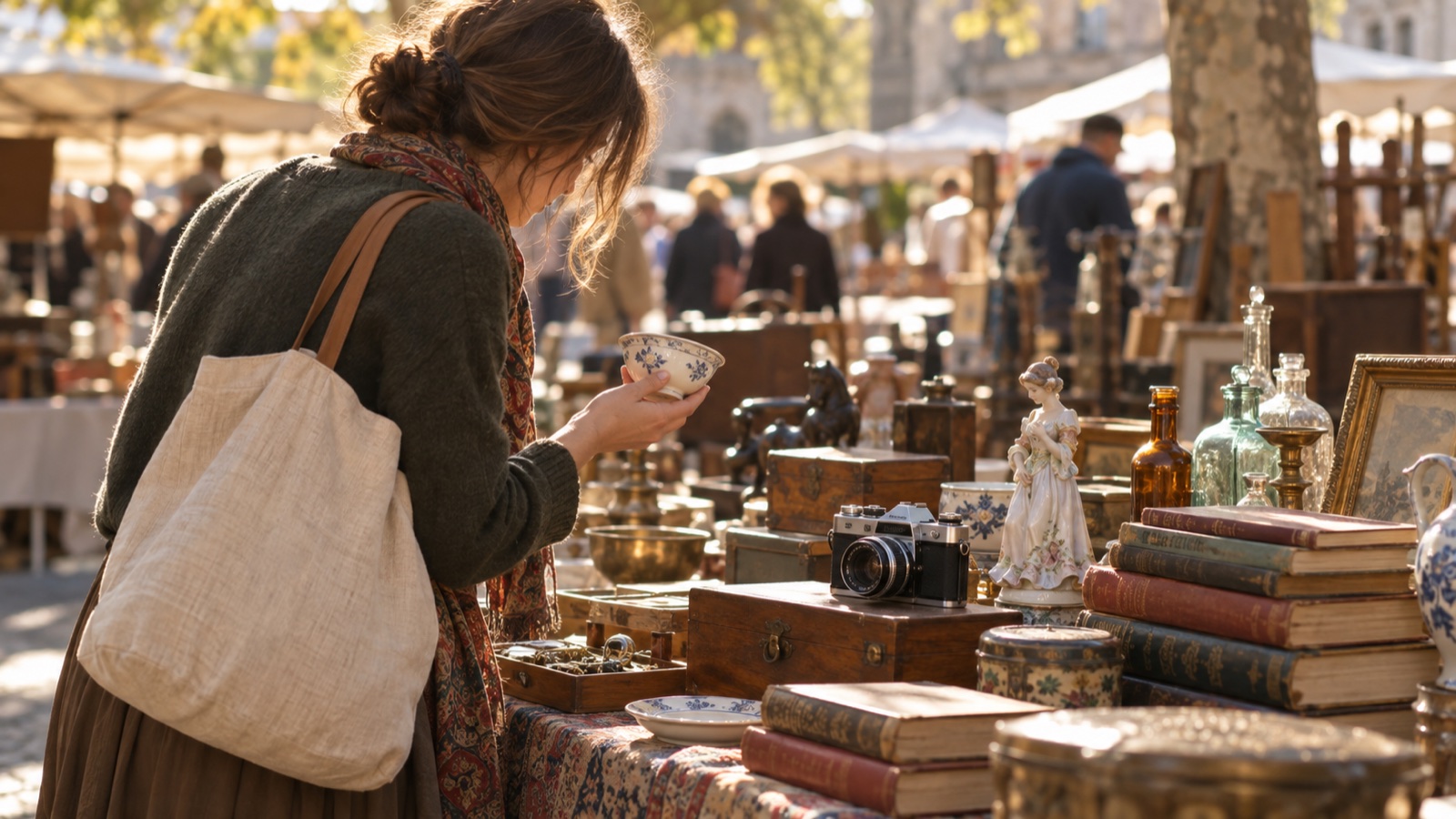 Frau prüft eine Porzellanschale an einem Flohmarkttisch mit Kamera, Büchern und Figuren