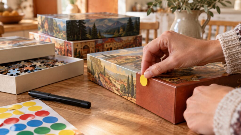 Hand klebt einen gelben Preispunkt auf eine Puzzleschachtel