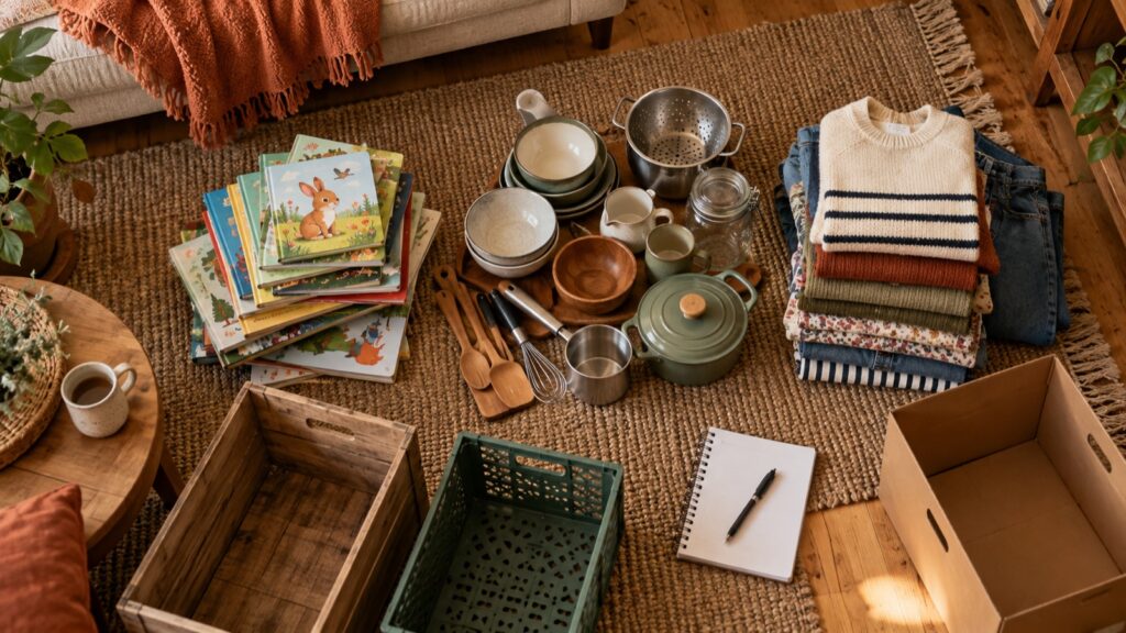Kinderbücher, Küchenutensilien und Kleidung nach Themen sortiert auf dem Wohnzimmerboden, daneben leere Kisten