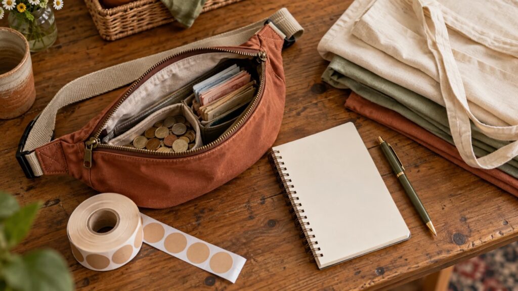 Bauchtasche mit Wechselgeld, Notizbuch, Stift und Klebepunkten für den Flohmarkt