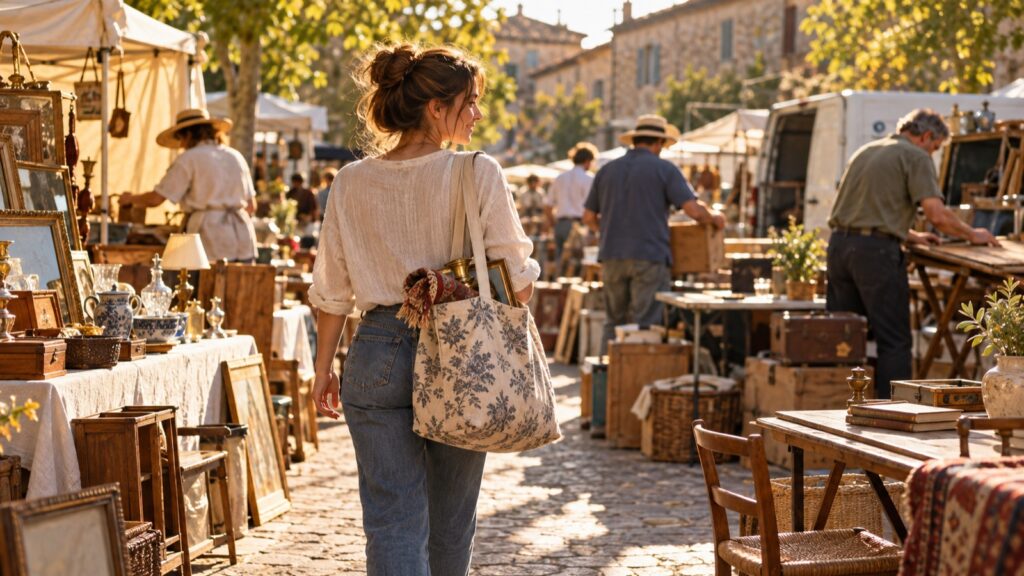 Frau mit Stofftasche voller Fundstücke schlendert am Nachmittag über den Flohmarkt