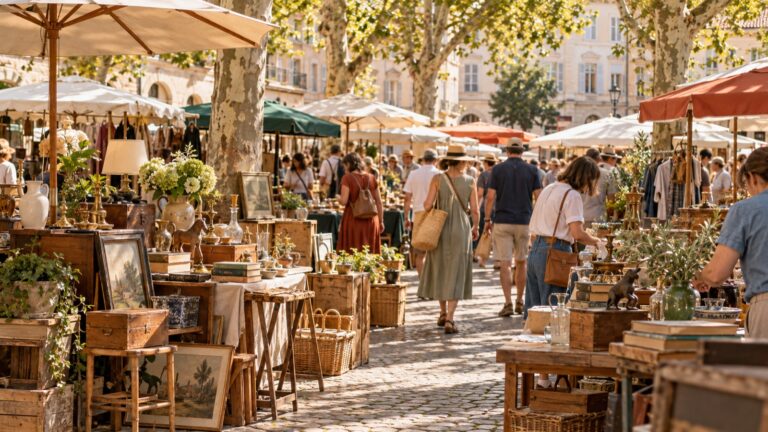 Belebter Flohmarkt auf einem Stadtplatz mit Platanen, Sonnenschirmen und vielen Ständen