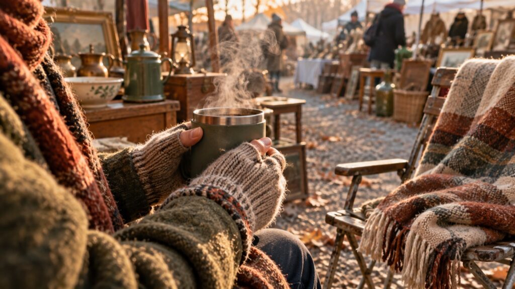 Hände in fingerlosen Handschuhen halten einen dampfenden Becher an einem kalten Flohmarktmorgen
