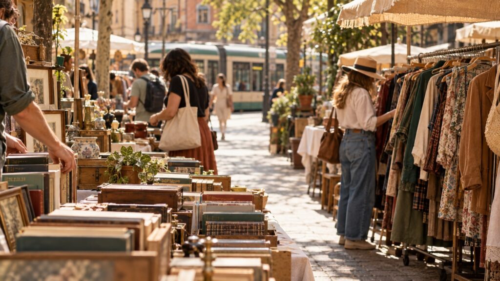 Flohmarkt in einer Fußgängerzone mit Büchern und Vintage-Kleidung, im Hintergrund eine Straßenbahn