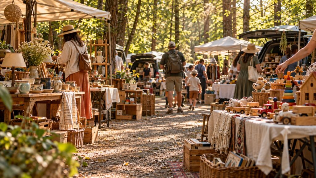 Familienfreundlicher Flohmarkt auf einem Waldparkplatz unter hohen Bäumen