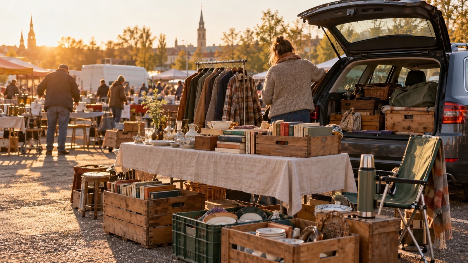 Flohmarktstand mit Klapptisch, Kisten und Kleiderstange beim Aufbau am Morgen