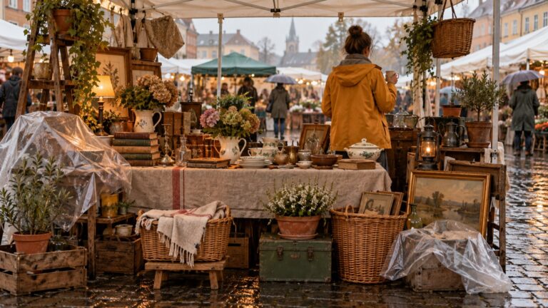 Flohmarktstand unter Pavillon an einem Regentag, Ware teilweise mit Folie abgedeckt
