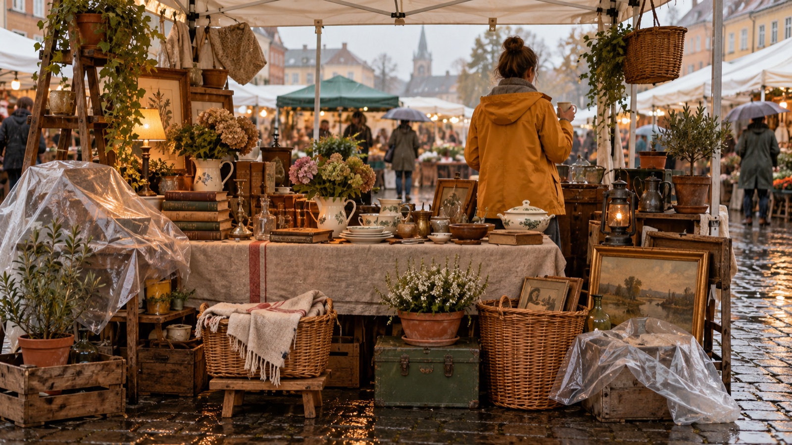 Flohmarktstand unter Pavillon an einem Regentag, Ware teilweise mit Folie abgedeckt