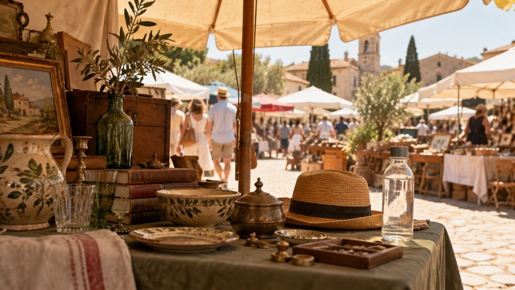 Flohmarktstand im Sommer unter Sonnenschirm mit Strohhut und Wasserflasche