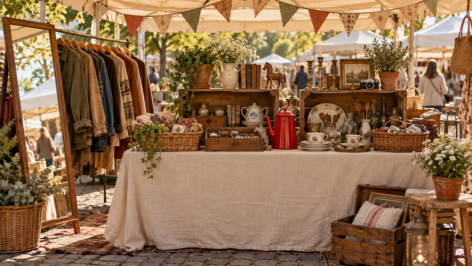 Liebevoll gestalteter Flohmarktstand mit Leinendecke, Holzkisten als Ebenen, roter Emaillekanne, Kleiderstange und Spiegel