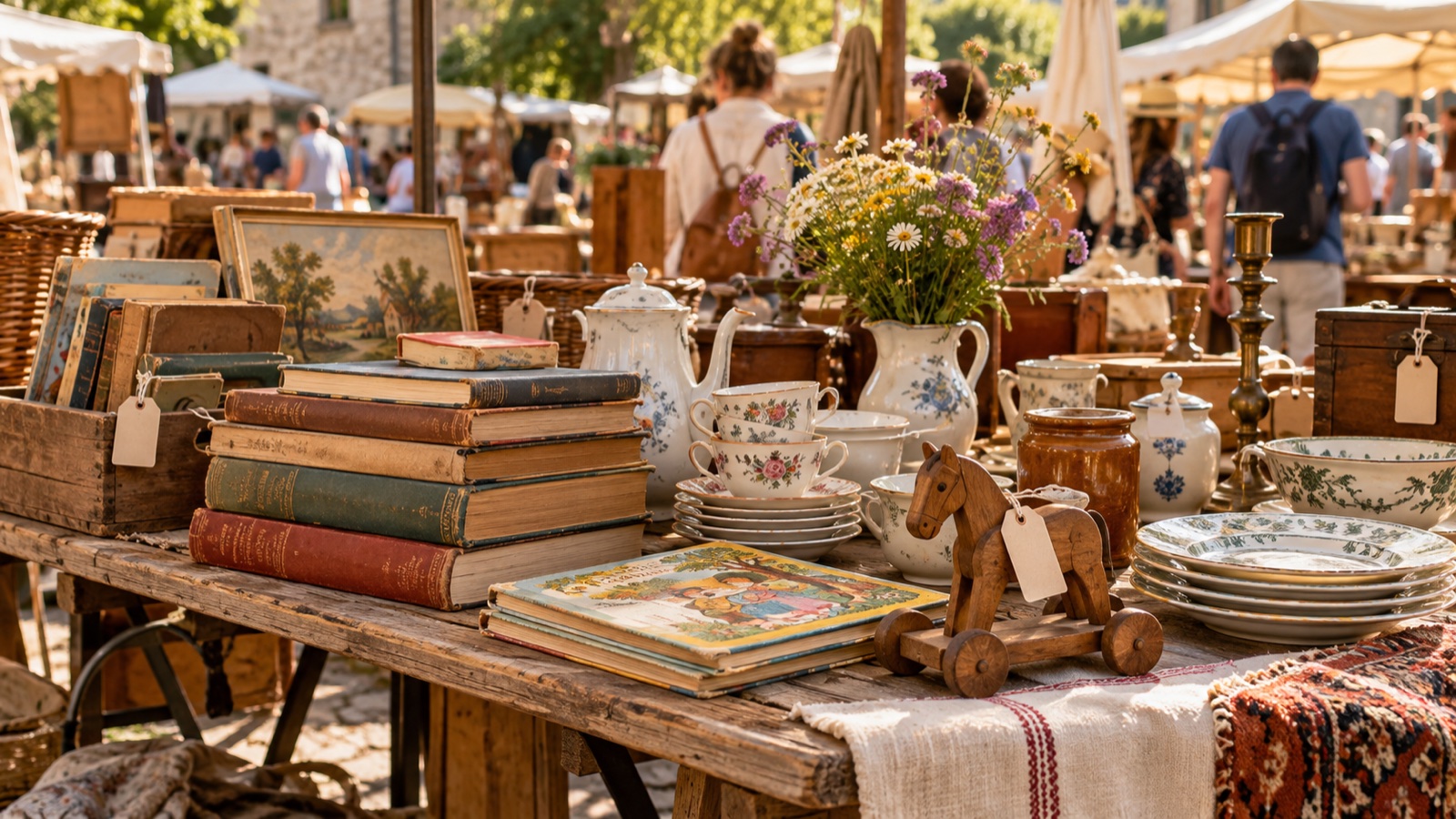 Flohmarkttisch mit alten Büchern, Porzellan, Holzpferd und Preisanhängern