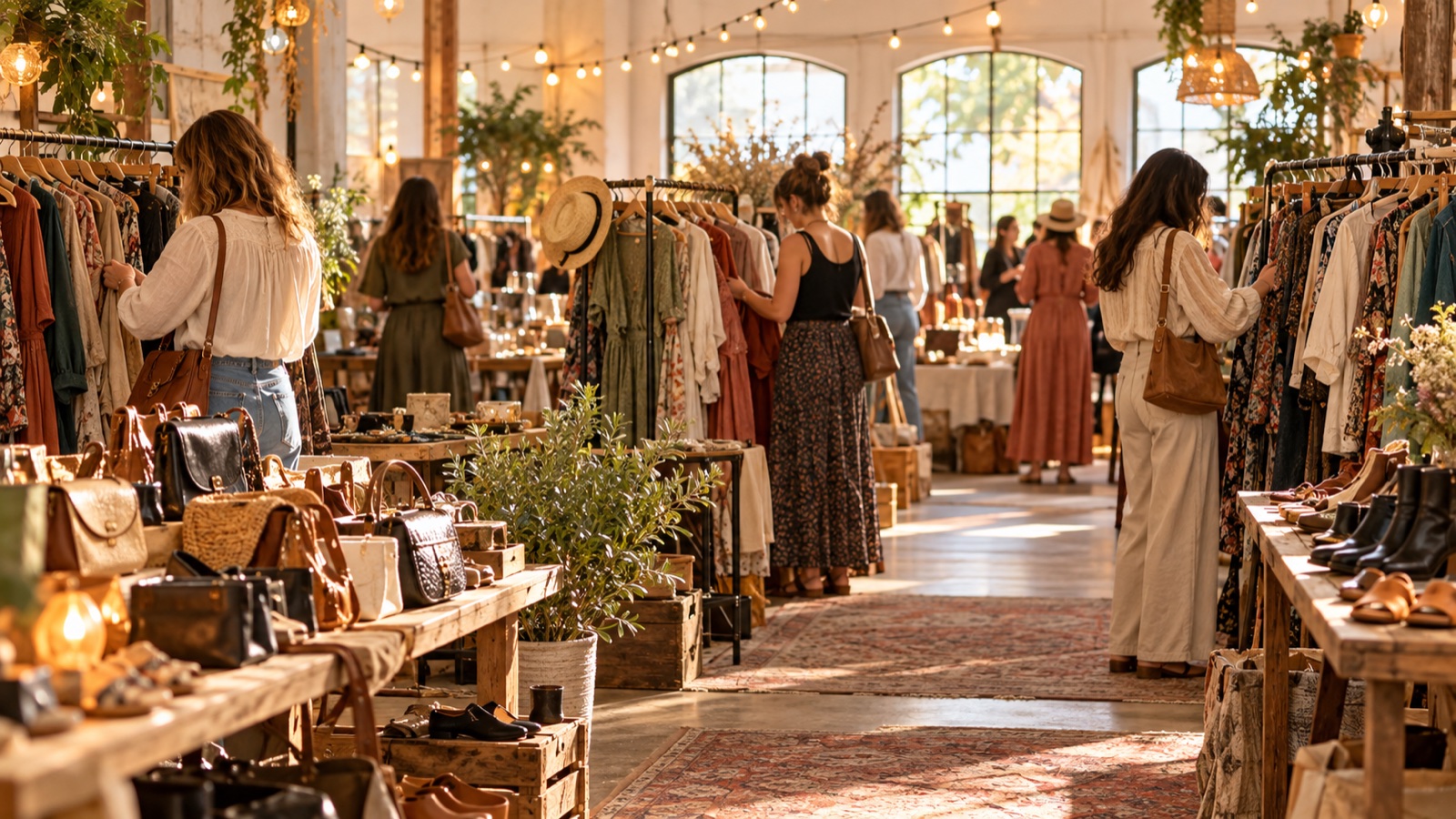 Frauenflohmarkt in einer hellen Halle mit Lichterketten, Kleiderstangen, Taschen und Schuhen