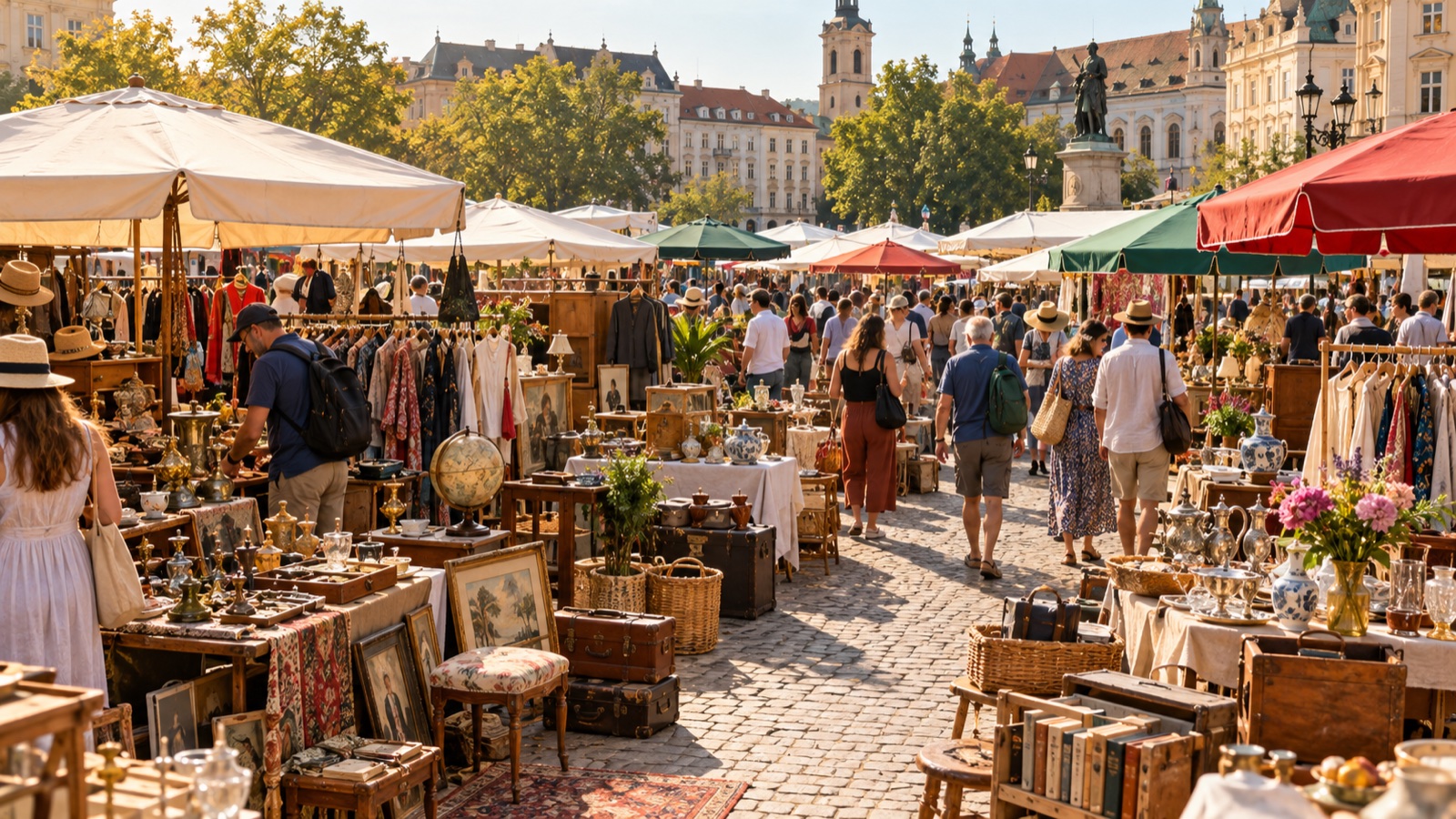 Großer Flohmarkt auf einem Stadtplatz mit Sonnenschirmen und vielen Besuchern