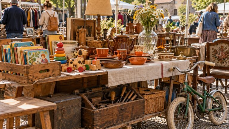 Gut sortierter Flohmarktstand mit Kinderbüchern, Holzspielzeug, Vintage-Geschirr, Werkzeug und Kinderfahrrad