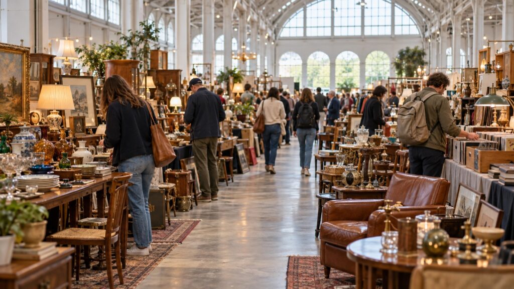 Hallenflohmarkt in einer hellen Halle mit Vintage-Möbeln, Lampen und Geschirr