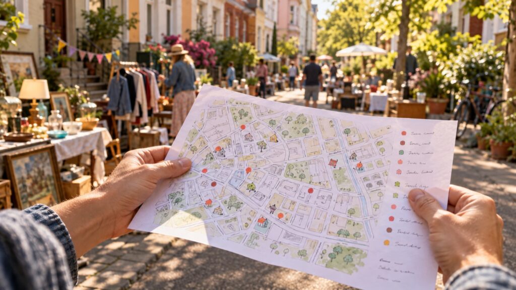 Hände halten einen gezeichneten Plan mit markierten Adressen beim Hofflohmarkt