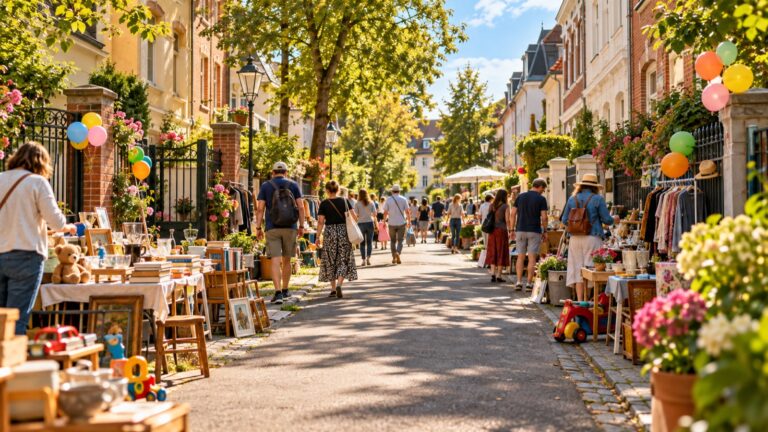 Wohnstraße beim Hofflohmarkt mit Tischen vor den Häusern, Luftballons und Besuchern