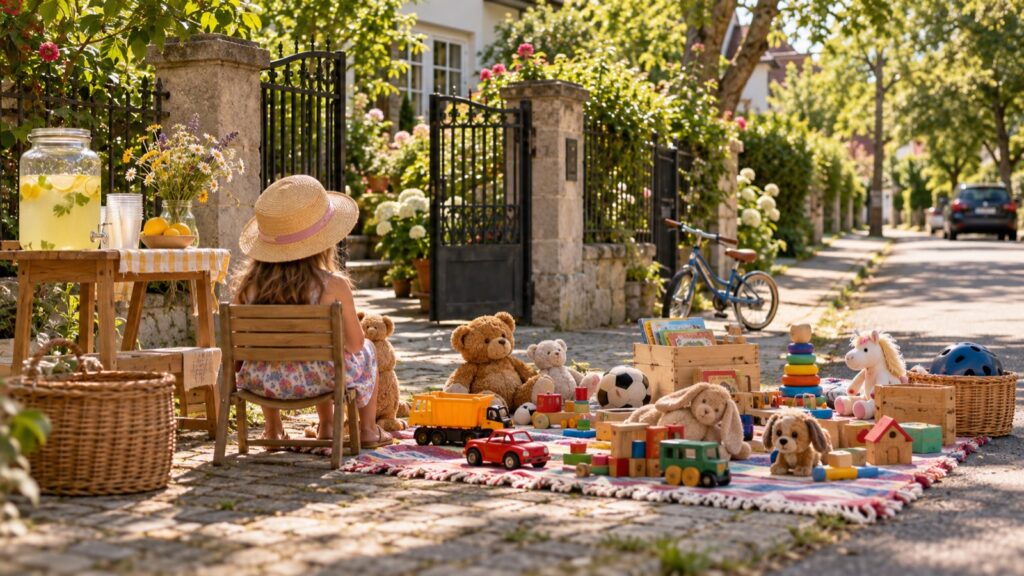 Kind sitzt vor einem Hoftor neben einer Decke mit Spielzeug und einem Limonadenstand beim Hofflohmarkt