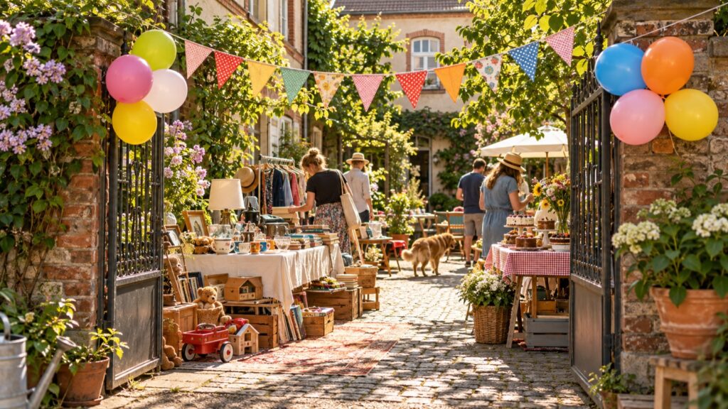 Offenes Hoftor mit Luftballons und Wimpelkette, dahinter Flohmarkttische und Kuchenstand