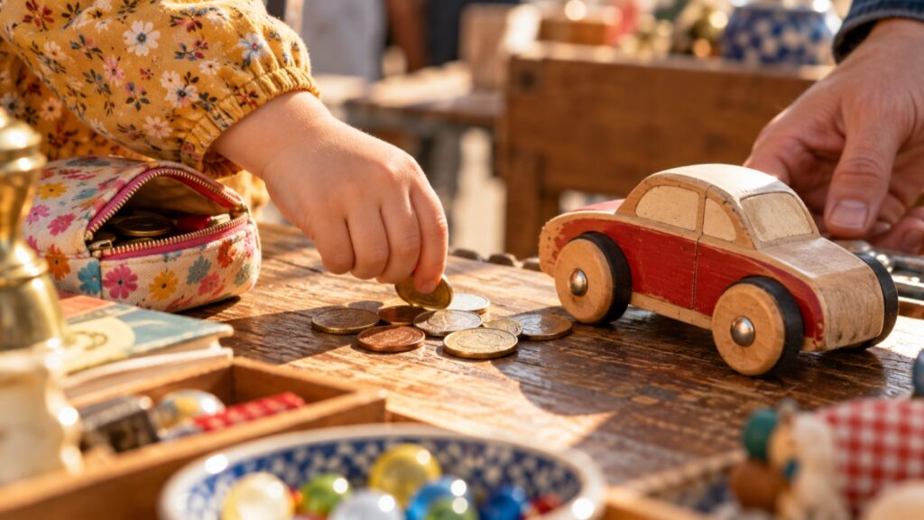 Kinderhand legt Münzen aus einem Kinderportemonnaie neben ein Holzauto auf einen Flohmarkttisch
