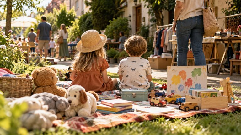 Zwei Kinder sitzen auf einer Decke und verkaufen ihr Spielzeug auf dem Flohmarkt