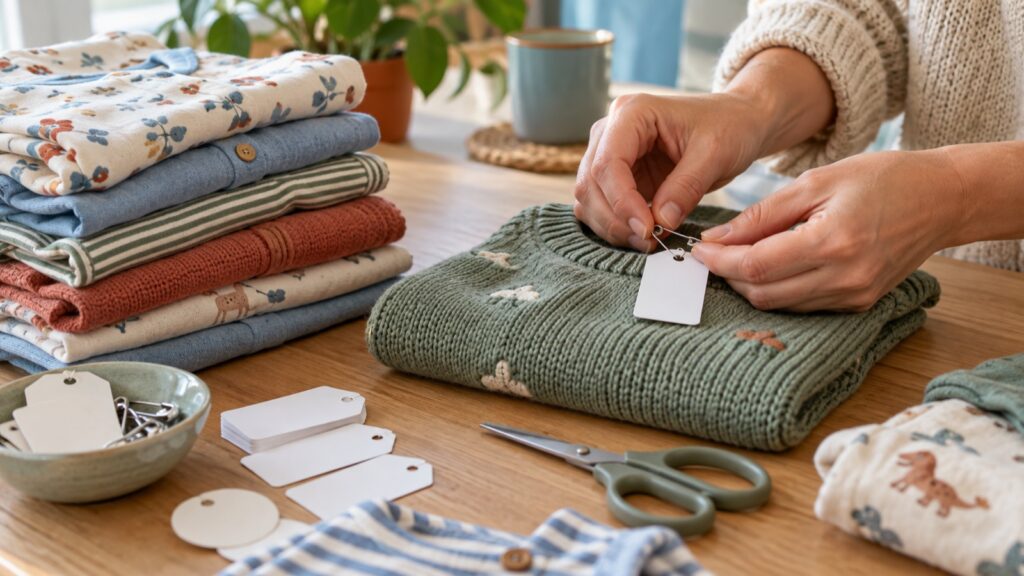 Hände befestigen ein Etikett mit Sicherheitsnadel an einem Kinderpullover