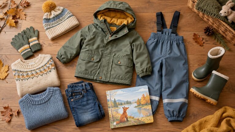 Herbstausstattung für ein Kindergartenkind: Jacke, Matschhose, Gummistiefel, Mütze, Handschuhe, Pullover und Bilderbuch