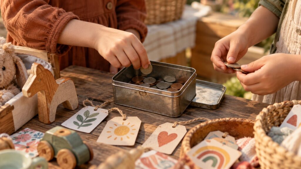 Kinderhände legen Münzen in eine Blechdose, daneben gebastelte Preisschilder