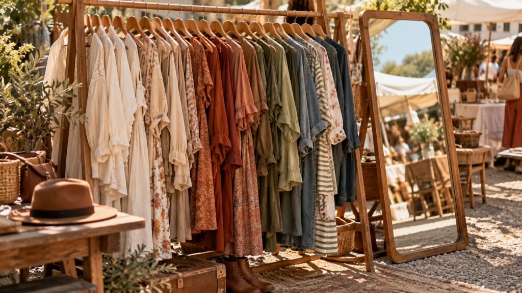 Kleiderstange mit nach Farben sortierten Kleidern auf Holzbügeln und großer Standspiegel
