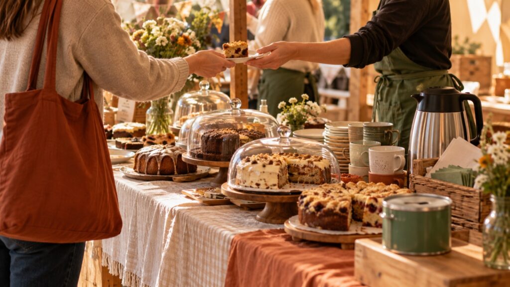 Kuchenstand mit selbstgebackenen Kuchen unter Glashauben und Kaffeekannen auf dem Kinderbasar