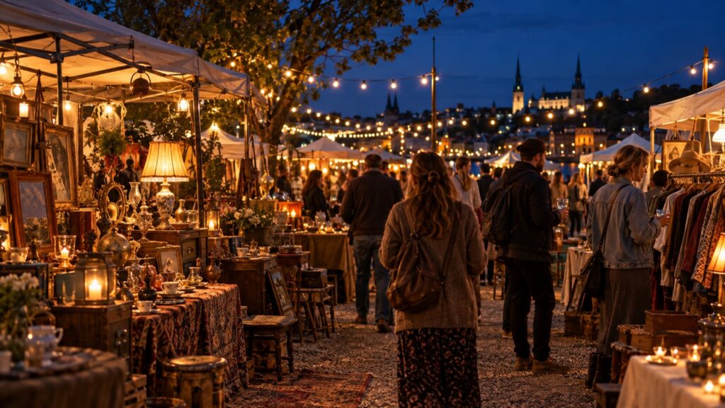 Nachtflohmarkt am Abend mit Lichterketten, Lampen und Besuchern