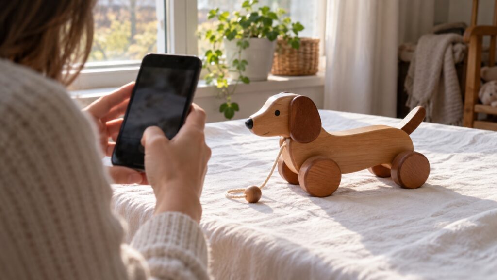 Holzspielzeug-Dackel wird auf einem weißen Tuch mit dem Smartphone fotografiert