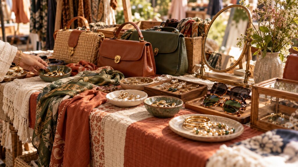 Tisch mit Handtaschen, Tüchern, Schmuck in Schalen, Sonnenbrillen und Spiegel