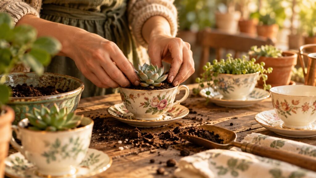 Hände pflanzen eine Sukkulente in eine Vintage-Teetasse mit Blumenmuster