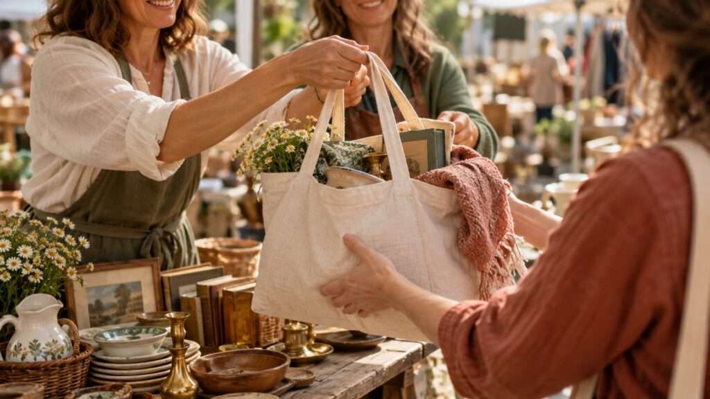 Verkäuferin reicht einer Kundin eine gefüllte Stofftasche über den Flohmarkttisch