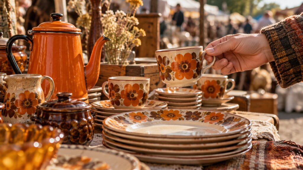 Vintage-Geschirr mit orange-braunem Blumenmuster und Emaillekanne auf einem Flohmarkttisch